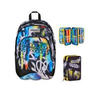 Seven Zaino Scuola Dual BUZZY NOTE BOY, Doppio Scomparto, Blu, 32 L + Astuccio 3 zip GOLDEN PAINT, Nero, 45 pezzi, Completo di penne e colori, Elementari, Medie, Bambini, Ragazzi