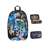 Seven Zaino Scuola Dual BUZZY NOTE BOY, Doppio Scomparto, Blu, 32 L + Astuccio Quick Case FREETHINK, Nero,45 pezzi, Completo di matite, Penne e colori, Elementari, Medie, Bambini, Ragazzi