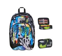 Seven Zaino Scuola Dual BUZZY NOTE BOY, Doppio Scomparto, Blu, 32 L + Astuccio Quick Case FREETHINK, Nero,45 pezzi, Completo di matite, Penne e colori, Elementari, Medie, Bambini, Ragazzi