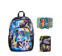 Seven Zaino Scuola Dual Detach BUZZY NOTE BOY, Multicolore, 32 L, Doppio Scomparto + Astuccio 3 zip GOLDEN PAINT, Nero, 45 pezzi, Completo di penne e colori, Scuola elementare, Bambini, Ragazzi