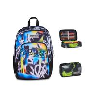 Seven Zaino Scuola Dual Detach BUZZY NOTE BOY, Multicolore, 32 L, Doppio Scomparto + Astuccio Quick Case FREETHINK, Nero, 45 pezzi, Completo di matite e colori,Elementari, Medie, Bambini, Ragazzi