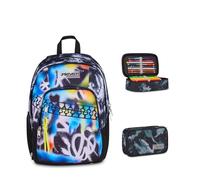 Seven Zaino Scuola Dual Detach BUZZY NOTE BOY, Multicolore, 32 L, Doppio Scomparto + Astuccio Quick Case FREETHINK, Grigio, 45 pezzi, Completo di matite e colori,Elementari, Medie, Bambini, Ragazzi