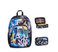 Seven Zaino Scuola Dual Detach BUZZY NOTE BOY, Multicolore, 32 L, Doppio Scomparto + Astuccio Quick Case FREETHINK, Blu, 45 pezzi, Completo di matite e colori,Elementari, Medie, Bambini, Ragazzi