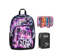 Seven Zaino Scuola Dual Detach BUZZY NOTE GIRL, Nero, 32 L, Doppio Scomparto, Bambina, Ragazza + Astuccio 3 zip MADE OF STARS, Nero, Effetto brillantini, 45 pezzi, Scuola elementare