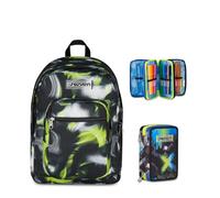 Seven Zaino Scuola FREETHINK, Doppio Scomparto, Nero, 34 L, Bambini, Ragazzi + Astuccio 3 Zip, Completo di Matite e colori, Elementari, Medie, Acid Green, verde/nero