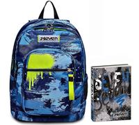 Seven Zaino Scuola NEW FIT, WET COLOR BOY, Blu, Doppio Scomparto, Maxi Capienza, Scuole Elementare e Medie + Seven Diario Scuola Standard 12 Mesi, Blu, Ragazzo
