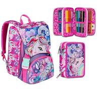 Seven Zaino Scuola SJ GANG CUCCIOLI, Rosa PATTINE CALAMITATE CON GRAFICHE DIVERSE Scuola Elementare + Astuccio Triplo Scomparto Rosa Bambina