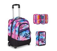 Seven Zaino Trolley, 38 L, Doppio Scomparto, Scuola, Bambine, Ragazze, rosa/nero + Astuccio 3 Zip, Completo di Matite e colori, Elementari, Medie, Rodhamine Red