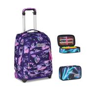 Seven Zaino Trolley, 38 L, Doppio Scomparto, Scuola, Blue Deep, Bambine, Ragazze viola/nero + Astuccio Quick Case FREETHINK, Blu,45 pezzi, Completo di matite e colori, Ragazza, Tempo libero