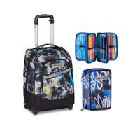 Seven Zaino Trolley, 38 L, Doppio Uso, Doppio Scomparto, Scuola, Acid Green, Bambini e Ragazzi, verde/nero + Astuccio 3 Zip, Completo di Matite, Pennarelli, Colori, Mystic Gray, blu/nero