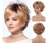 SEVENCOLORS Parrucche corte bionde ricce per donne bianche parrucche ondulate bionde dall'aspetto naturale con radici scure capelli sintetici parrucca corta da donna