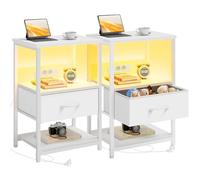 Seventable Comodino con LED e Presa di Corrente, Mobiletto Notturno Moderno con Spazio di Stoccaggio, Facile da Montare, Side Table per Soggiorno, Camera da Letto e Spazi Piccoli, Bianco x2