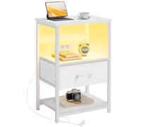 Seventable Comodino con LED e Presa di Corrente, Mobiletto Notturno Moderno con Spazio di Stoccaggio, Facile da Montare, Side Table per Soggiorno, Camera da Letto e Spazi Piccoli, Bianco