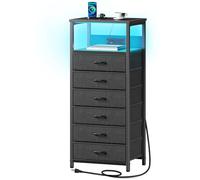 Seventable Comodino con stazione di ricarica, comodino alto con 6 cassetti in tessuto, tavolino ausiliario con luce LED per camera da letto, ingresso, colore nero