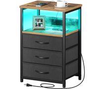 Seventable Comodino con stazione di ricarica e luce LED, tavolino con 3 cassetti in tessuto, comodino con porte USB e uscite, comodino per camera da letto, marrone rustico