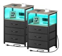 Seventable Comodino con stazione di ricarica, tavolino con 3 cassetti in tessuto, tavolino con illuminazione LED, porte USB e prese, comodino per camera da letto, greige