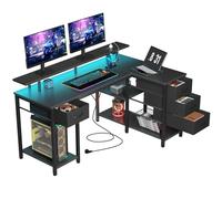 Seventable Scrivania a forma di L con 4 Cassetti, Scrivania Gaming con LED e Prese, Scrivania con Cassetti per Home Office, Camera o Gaming