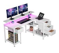 Seventable Scrivania a forma di L con 4 Cassetti, Scrivania Gaming con LED e Prese, Scrivania con Cassetti per Home Office, Camera o Gaming (Bianco, 140 cm)