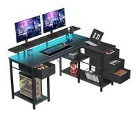 Seventable Scrivania a forma di L con 4 Cassetti, Scrivania Gaming con LED e Prese, Scrivania con Cassetti per Home Office, Camera o Gaming (Nero, 140 cm)