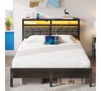 Seventable Struttura Letto Matrimoniale 140x200 con LED, Letto in Metallo con Stazione di Ricarica (2 Porte USB e 1 Porta di Tipo C), Testata Imbottita & Contenitore, per Camera da letto