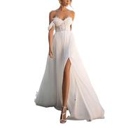 SEVENYXX Abiti da Sposa delle Donne Ufficio Civile off Shoulder Abiti da Sposa Chiffon Abito da Sposa con Slit, Bianco, 48