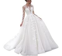 SEVENYXX Abiti da Sposa Principessa Lunga Pizzo Manica Lunga Abito da Sposa A-Line Civil Abito da Sposa con Treno, Avorio, 50