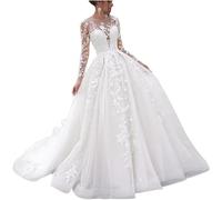 SEVENYXX Abiti da Sposa Principessa Lunga Pizzo Manica Lunga Abito da Sposa A-Line Civil Abito da Sposa con Treno, Avorio, 46