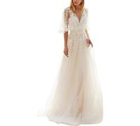 SEVENYXX Abito da Sposa a Maniche Lunghe in Pizzo Bohemian A-Line Spiaggia Sposa, Avorio, 46