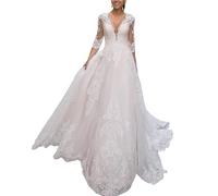 SEVENYXX Abito da Sposa con 3/4 Maniche Pizzo Registry Office Dress A-Line Principessa Abiti da Sposa, Bianco, 50