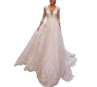 SEVENYXX Abito da Sposa con 3/4 Maniche Pizzo Registry Office Dress A-Line Principessa Abiti da Sposa, Champagne, 44