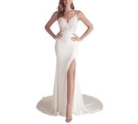 SEVENYXX Abito da Sposa delle Donne Spaghetti Straps Abito da Sposa Pizzo Mermaid Beach Abiti da Sposa Registro Ufficio Lungo, Bianco, 38