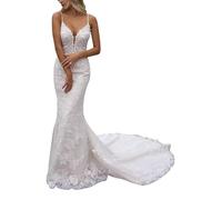 SEVENYXX Abito da Sposa Sirena in Pizzo da Sposa Abbinato con Abito da Sposa Treno, Bianco, 42