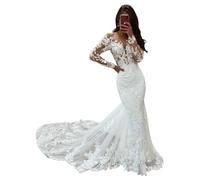 SEVENYXX Manica Lunga Sirena Abito da Sposa Ufficio Civile Abiti da Sposa Tulle Abiti da Sposa con Treno, Avorio, 36