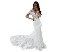 SEVENYXX Manica Lunga Sirena Abito da Sposa Ufficio Civile Abiti da Sposa Tulle Abiti da Sposa con Treno, Bianco, 34
