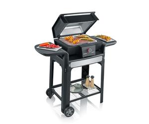 SEVERIN SEVO GTS Barbecue elettrico con coperchio e base per interni ed esterni, Griglia elettrica con avvio rapido fino a 500 °C, Grill elettrico 3000W, acciaio inox/nero, PG 8107