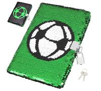 SEWACC Football Pattern Sequin Journal Notebook with Lock Soccer Notebook for Boys Teens Diary for Writing Travel Journal Sketches Ideas 8.26 X 5.51 in