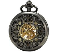 SEWOR Fashion Style Smooth Face Shell quadrante orologio da tasca al quarzo giapponese con doppia catena (metal & Leather) (nero 2)