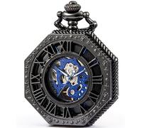 SEWOR ottagonale Old school Style Hollow numeri romani vento meccanico della mano orologio da tasca (nero)