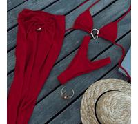Sexy ed elegante bikini da donna a tre pezzi in colore unito caffè per primavera ed estate, perfetto per vacanze al mare, feste e appuntamenti, rosso L,M,S,XSTessuto in maglia