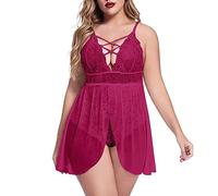 Sexy Elastic Plus Size Sexy Stretchy con falsa maglia da notte in due pezzi, rosa intenso, L