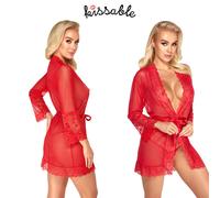 Sexy Kimono in Rete Rossa Trasparente e Pizzo Floreale Kissable Camicia da Notte