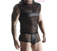 Sexy Maglia Canotta Felpa Nera Wetlook Mesh Elasticizzata Cappuccio S,M,L,XL,2XL