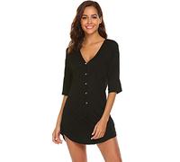 Sexy Pigiama Da Donna,Camicie Da Notte Lunghe In Cotone Con Scollo A V Mezza Manica Camicia Da Notte Nera Kimono Sleepwear Camisole Allentato Accappatoio Babydoll Per In Honeymoon Home Clothing, M