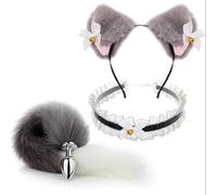 Sexy Soft Cat Ears Headbands Collar Erotic Cute Fox Tail Anal Plug Adult Game Shop Nipple Clip SM Sex Toys For Female Male(Grey s)