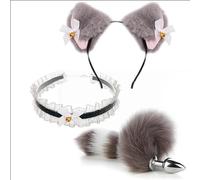 Sexy Soft Cat Ears Headbands Collar Erotic Cute Fox Tail Anal Plug Adult Game Shop Nipple Clip SM Sex Toys For Female Male(Grey t)