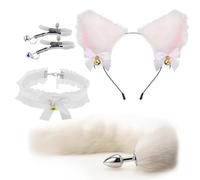 Sexy Soft Cat Ears Headbands Collar Erotic Cute Fox Tail Anal Plug Adult Game Shop Nipple Clip SM Sex Toys For Female Male(White u)