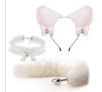 Sexy Soft Cat Ears Headbands Collar Erotic Cute Fox Tail Anal Plug Adult Game Shop Nipple Clip SM Sex Toys For Female Male(White)