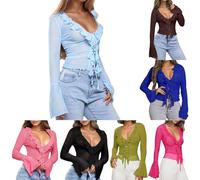 Sexy Tencel Chiffon Tops, Slim Fit Donne Ruched Sheer Maglia Maniche Lunghe, Scollo a V Vedere attraverso Camicie per Le Donne, Top Sexy Femminile (S-XL), 001 nero, M