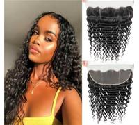 Sexycat Extension di capelli ricci profondi 33 x 10 cm con chiusura frontale in pizzo, capelli umani naturali, onda d'acqua, linea naturale del capello, da un orecchio all'altro, pre-sfoltiti, con