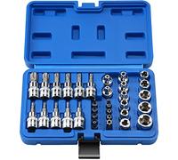 Sexyhot 34 pezzi E-Torx Set di chiavi a bussola a stella con CRV E Set di prese E4-20, S2 Torx Bit Set,T10-60, TT10-TT55 e adattatore da 5/16"F a 3/8"M, Torx da 1/8 pollici